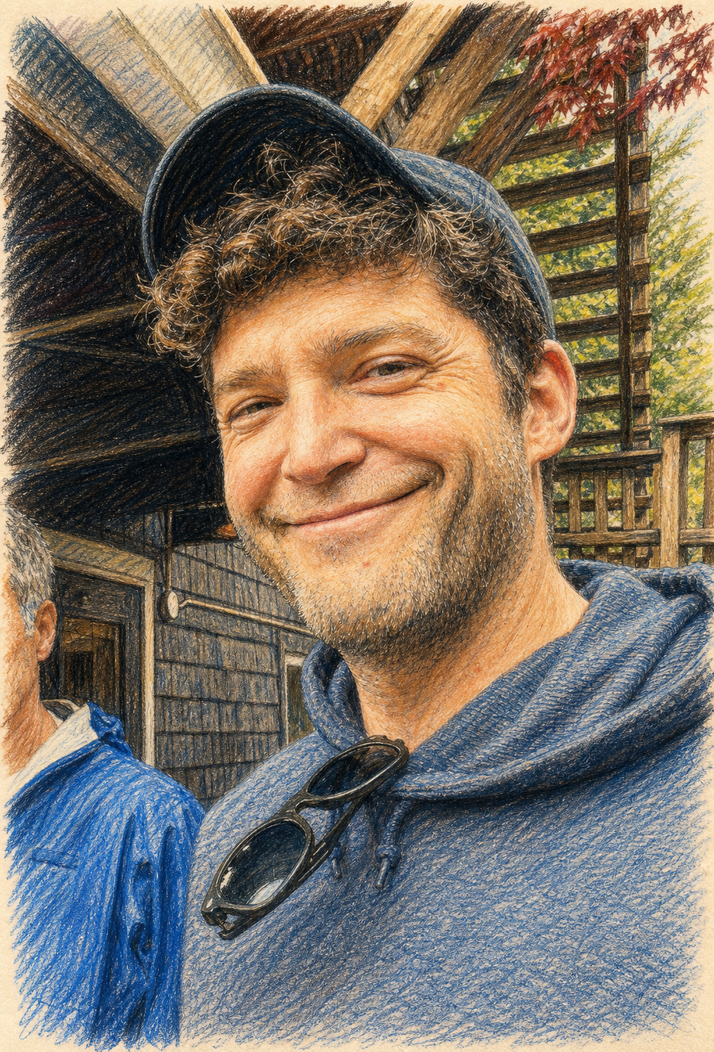 Colored-pencil portrait of Ben Orenstein smiling outdoors